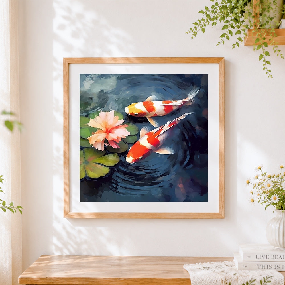 Finished two koi fish in a lily pond cross stitch artwork displayed