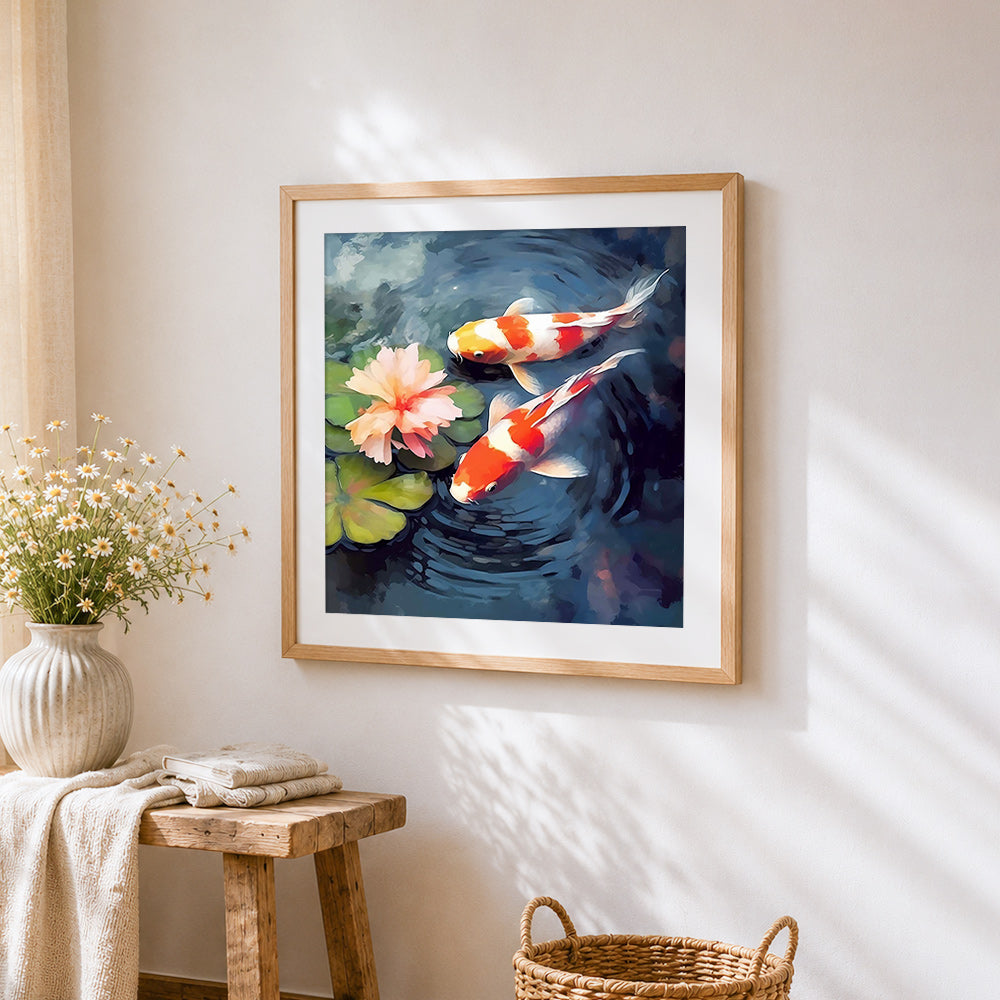 Two koi fish in a lily pond cross stitch artwork displayed on wall as home decor