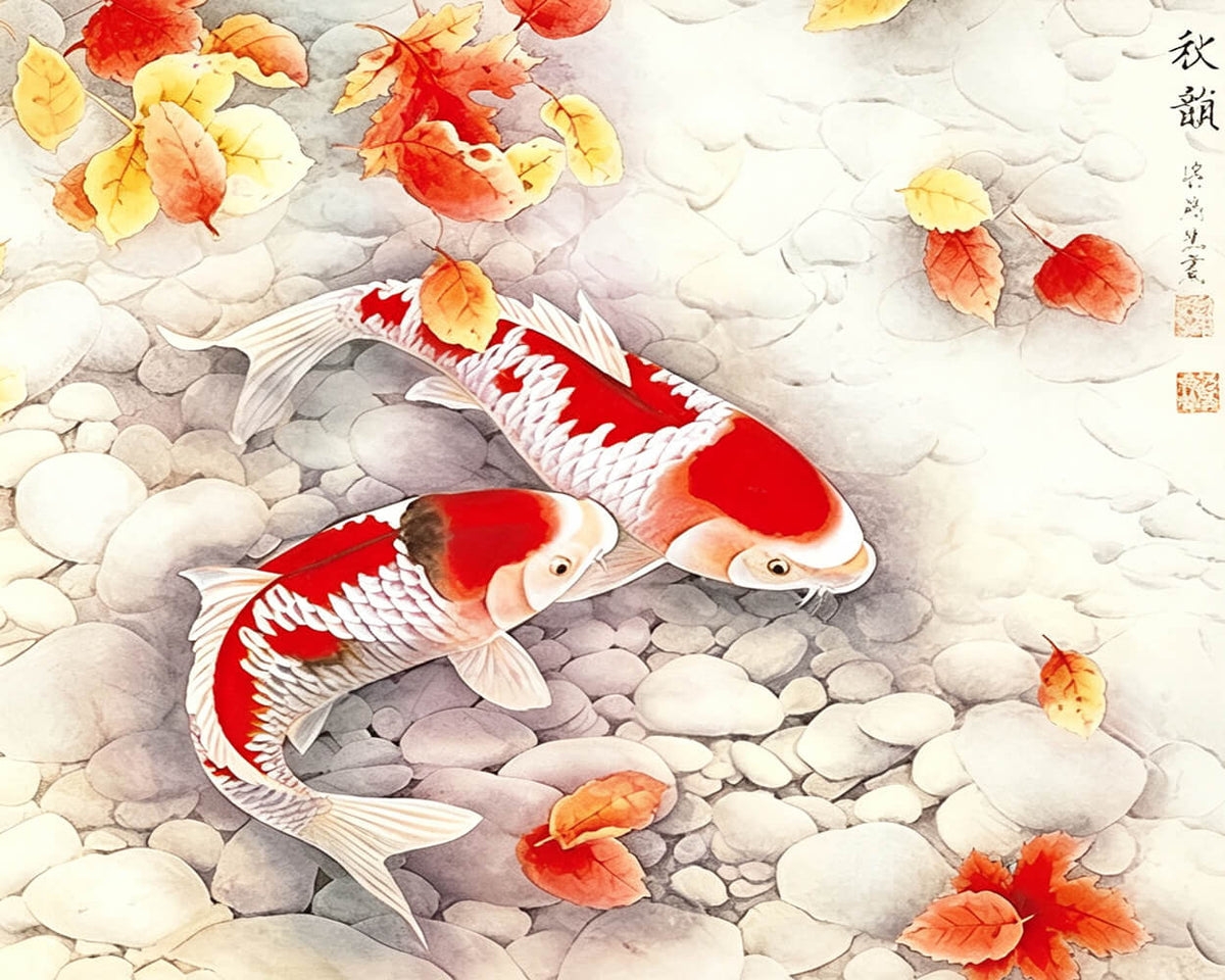 Two koi swimming among pebbles and autumn leaves cross stitch kit for beginners