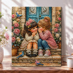 Two little girls sharing secrets pearl diamond painting kit for beginners