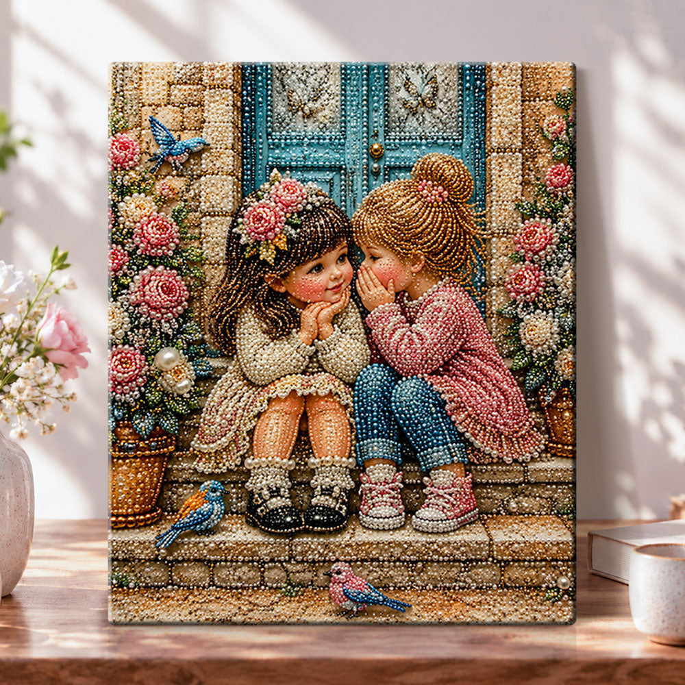 Two little girls sharing secrets pearl diamond painting kit for beginners