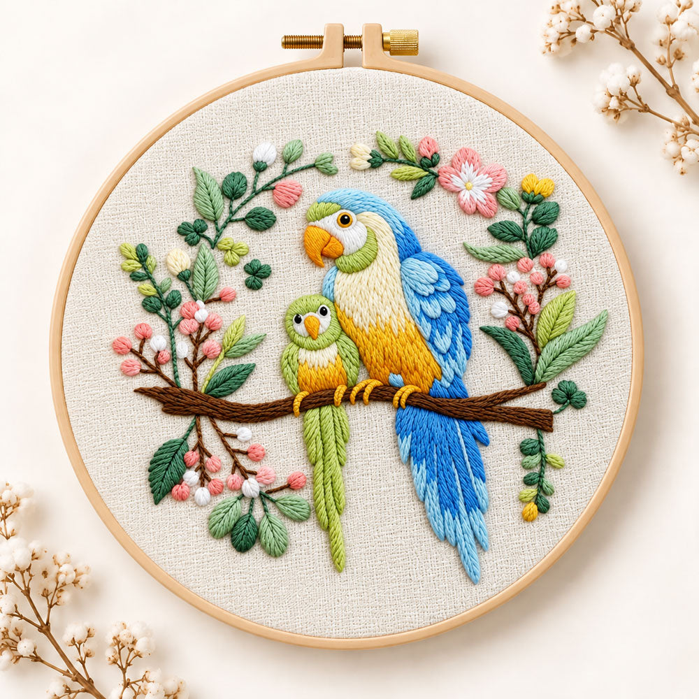 Two parrots on blossom branch embroidery kit