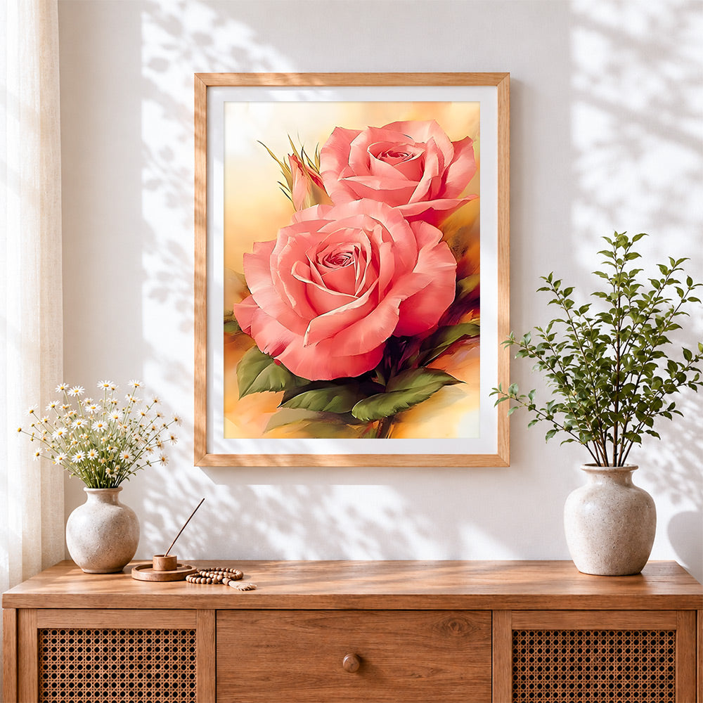 Finished two pink roses cross stitch artwork displayed