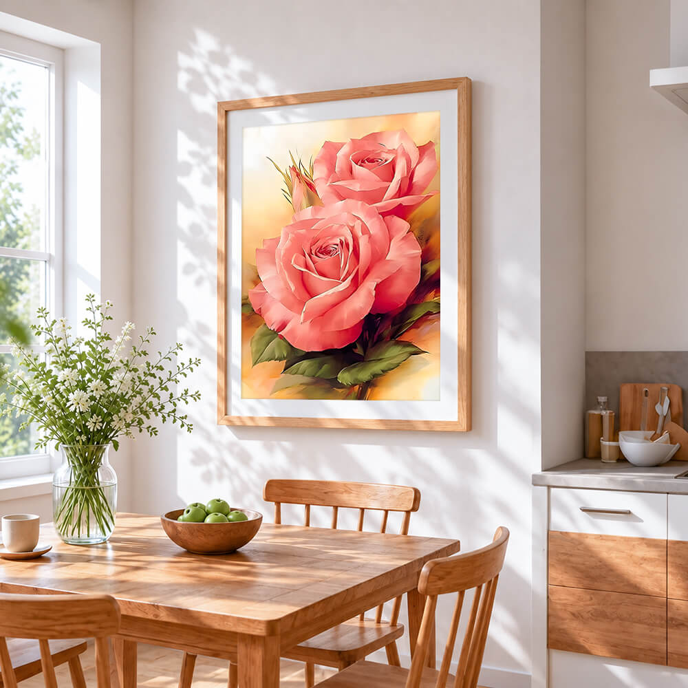 Two pink roses cross stitch artwork displayed on wall as home decor