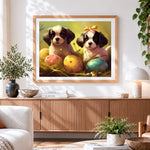 Finished two puppies and easter eggs cross stitch artwork displayed