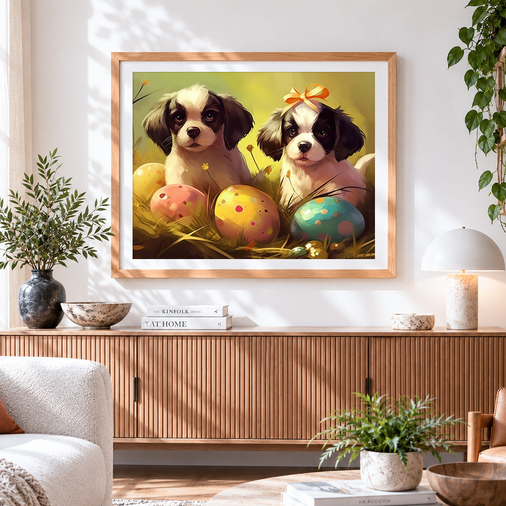 Finished two puppies and easter eggs cross stitch artwork displayed