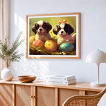 Two puppies and easter eggs paint by numbers artwork displayed on wall as home decor