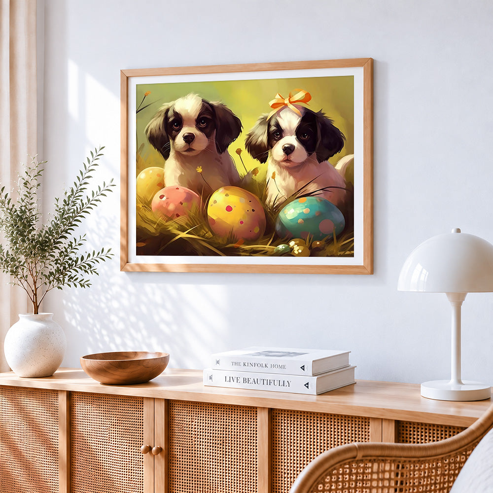Two puppies and easter eggs paint by numbers artwork displayed on wall as home decor