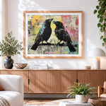 Finished two ravens in conversation cross stitch artwork displayed