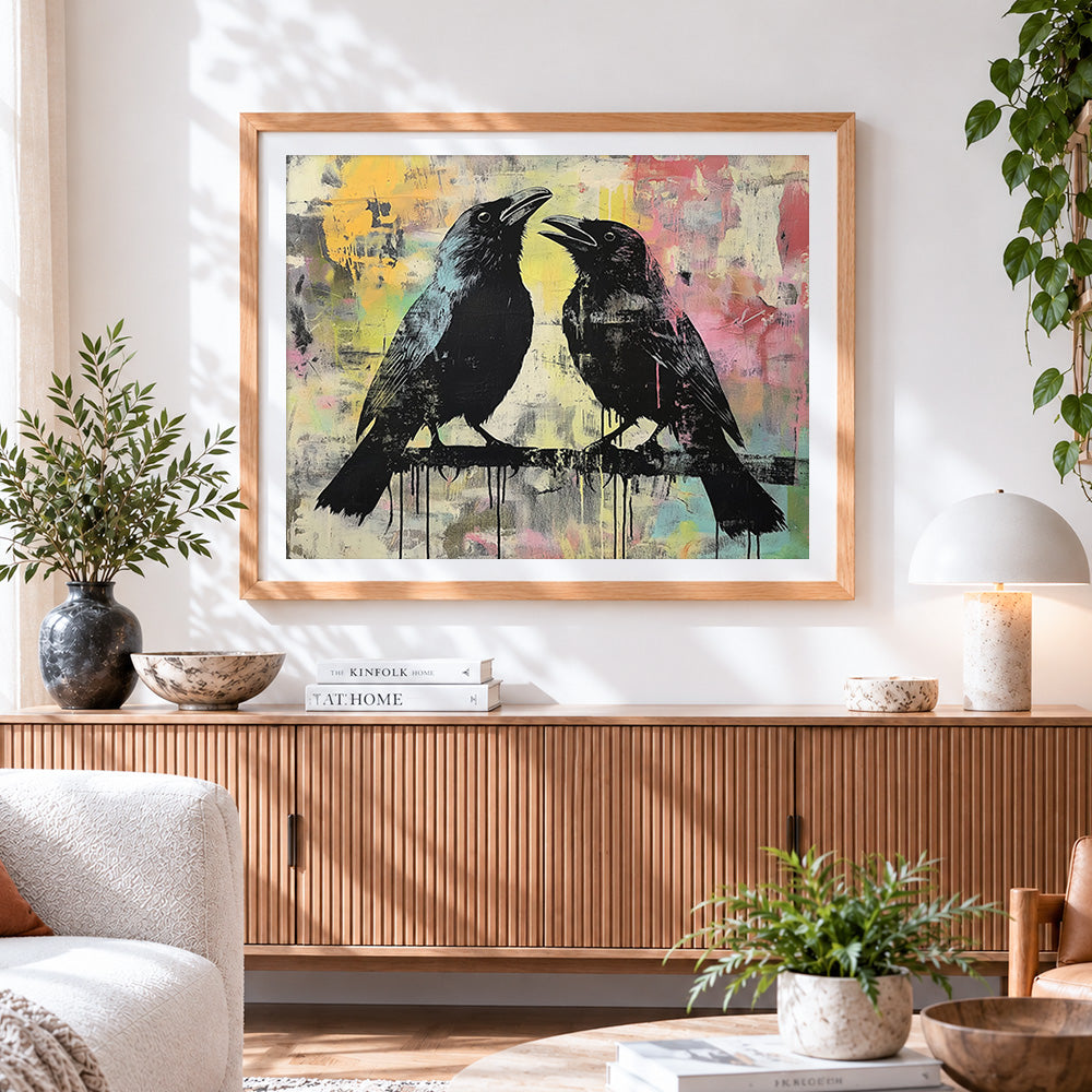 Finished two ravens in conversation cross stitch artwork displayed