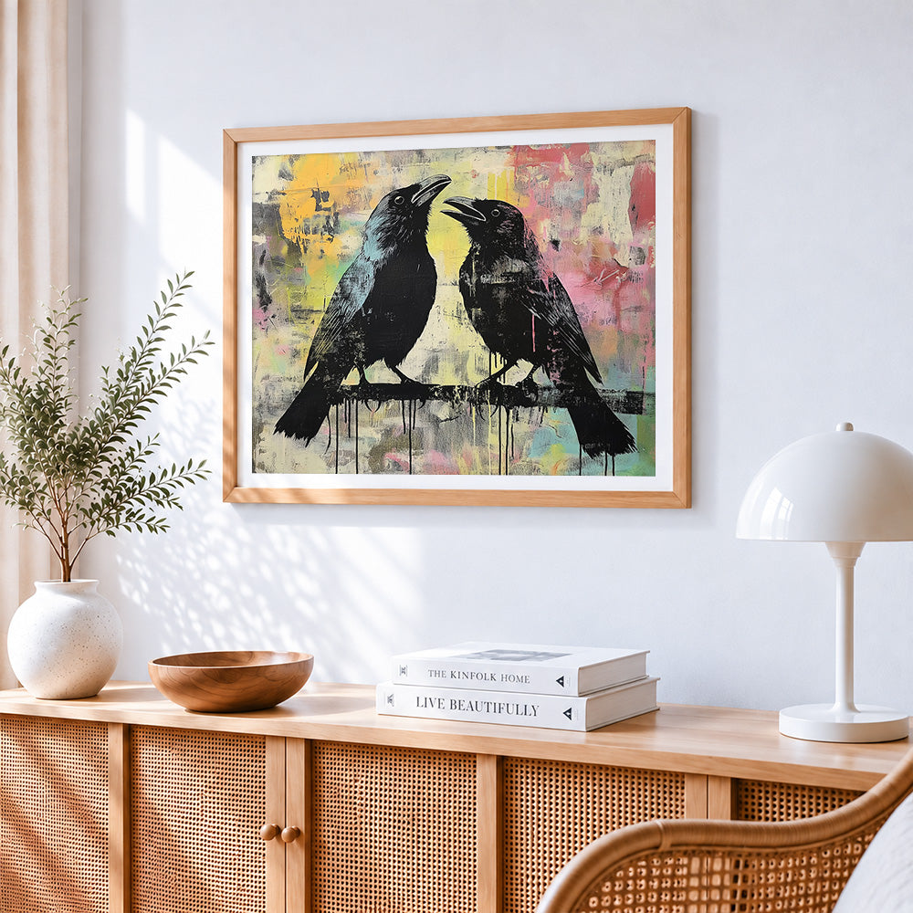 Two ravens in conversation cross stitch artwork displayed on wall as home decor
