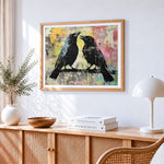 Two ravens in conversation paint by numbers artwork displayed on wall as home decor