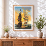 Finished two sailing ships cross stitch artwork displayed