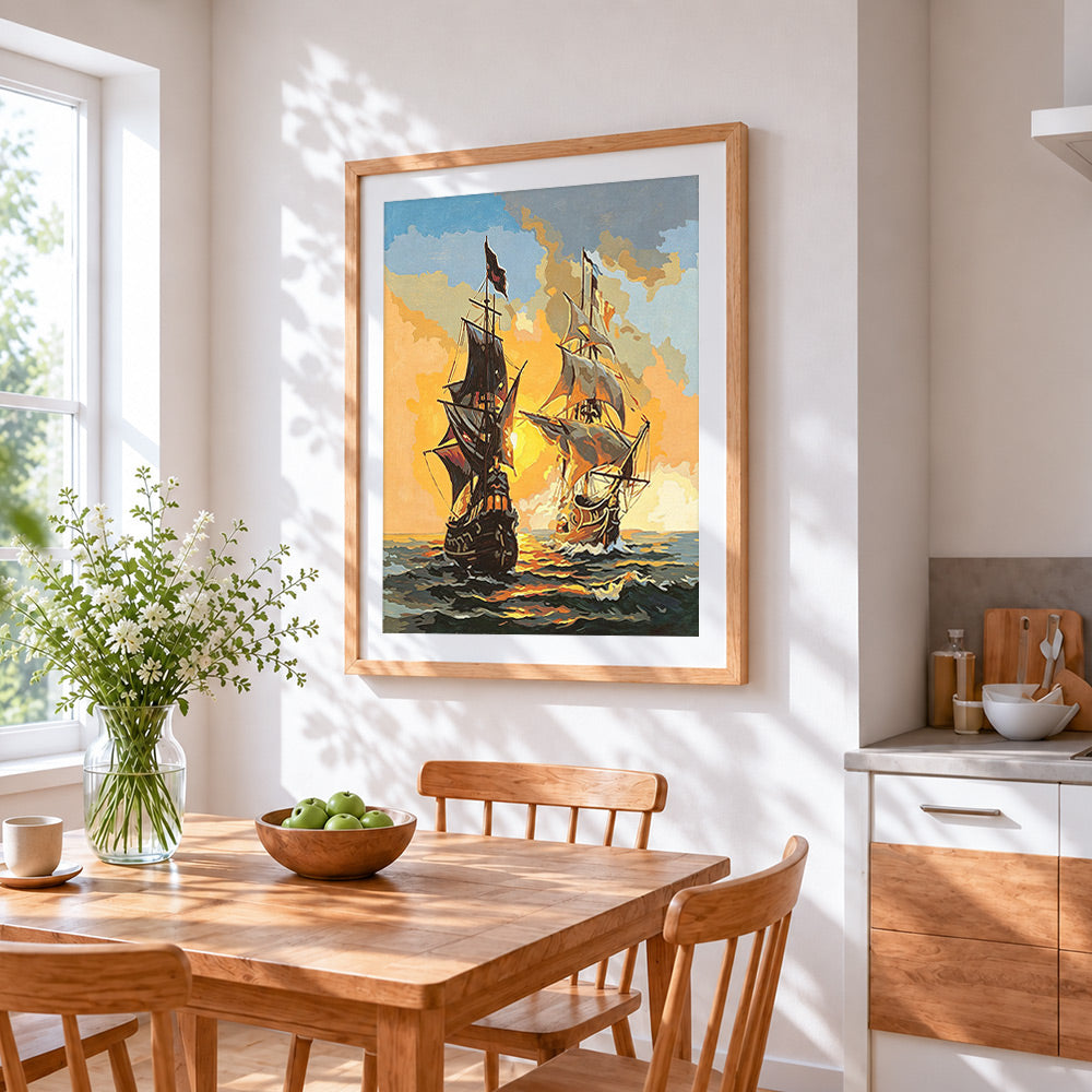 Two sailing ships cross stitch artwork displayed on wall as home decor