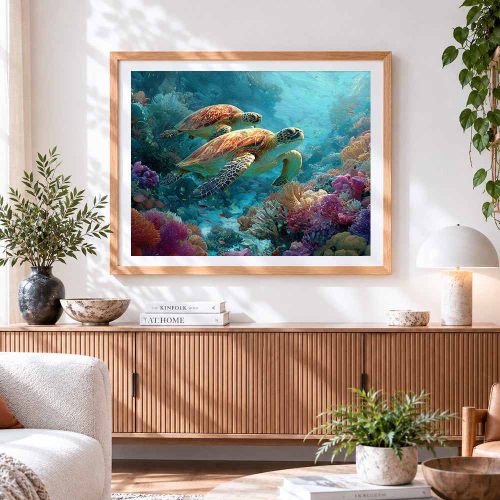 Finished two sea turtles swimming in a coral reef cross stitch artwork displayed