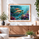 Finished two sea turtles swimming in a coral reef cross stitch artwork displayed