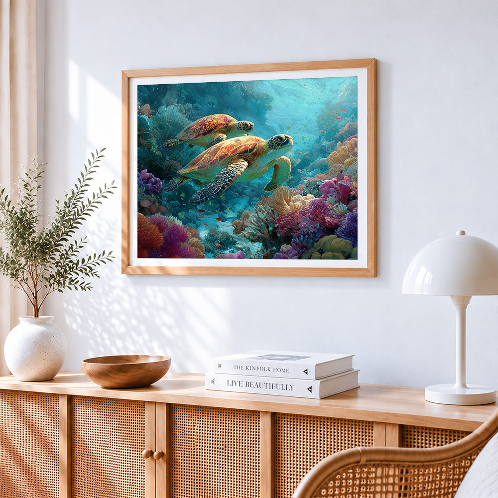Two sea turtles swimming in a coral reef cross stitch artwork displayed on wall as home decor