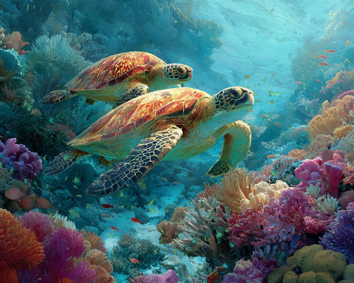 Two sea turtles swimming in a coral reef paint by numbers kit for beginners