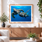 Finished two sea turtles swimming underwater cross stitch artwork displayed