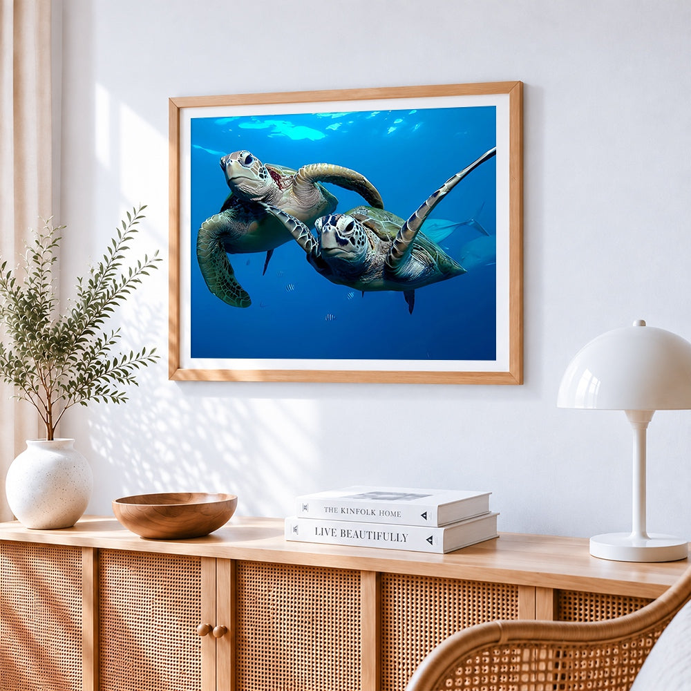 Two sea turtles swimming underwater cross stitch artwork displayed on wall as home decor
