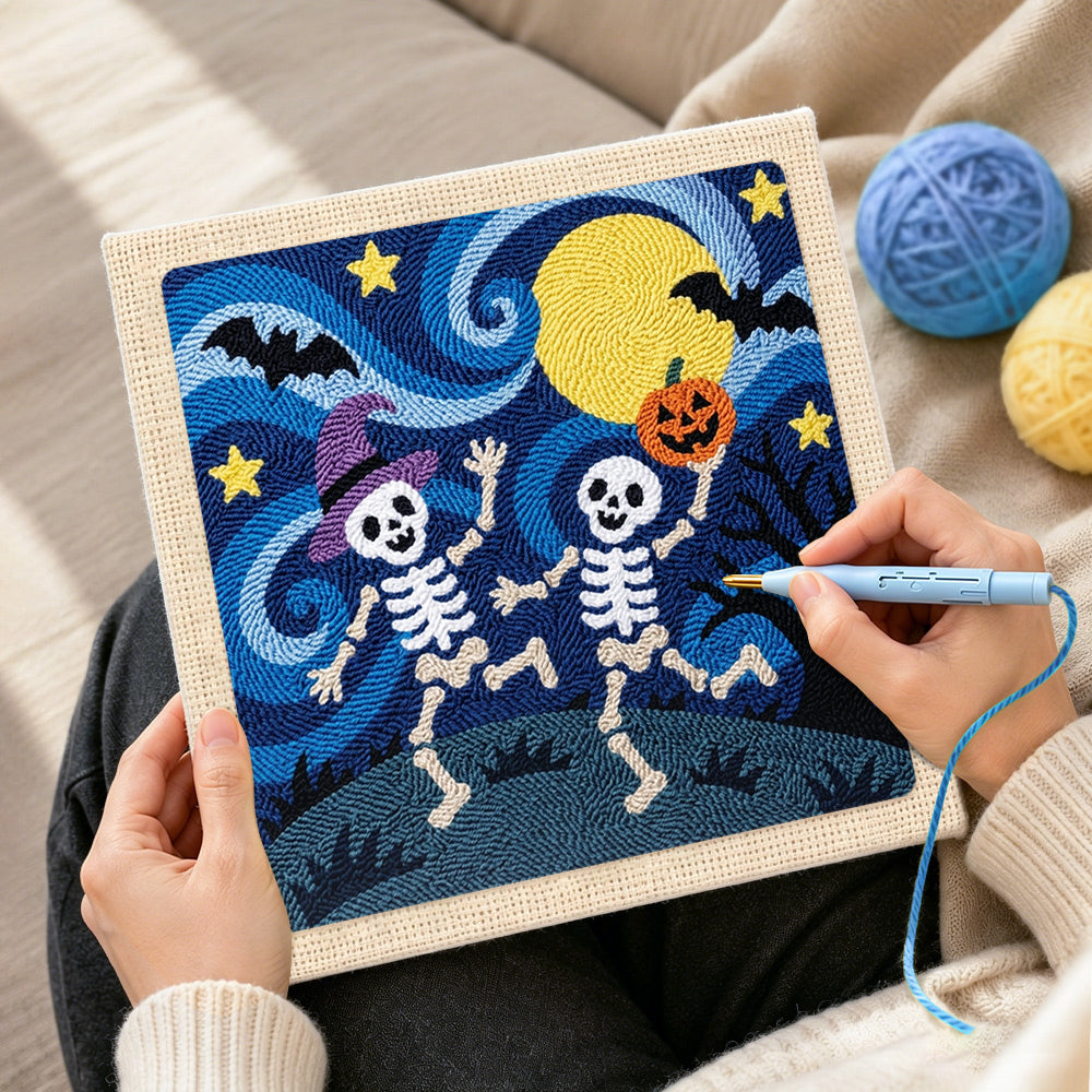 Creating handmade two skeletons dancing at night punch needle artwork