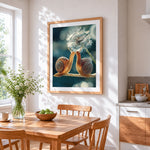 Two snails and a dandelion cross stitch artwork displayed on wall as home decor