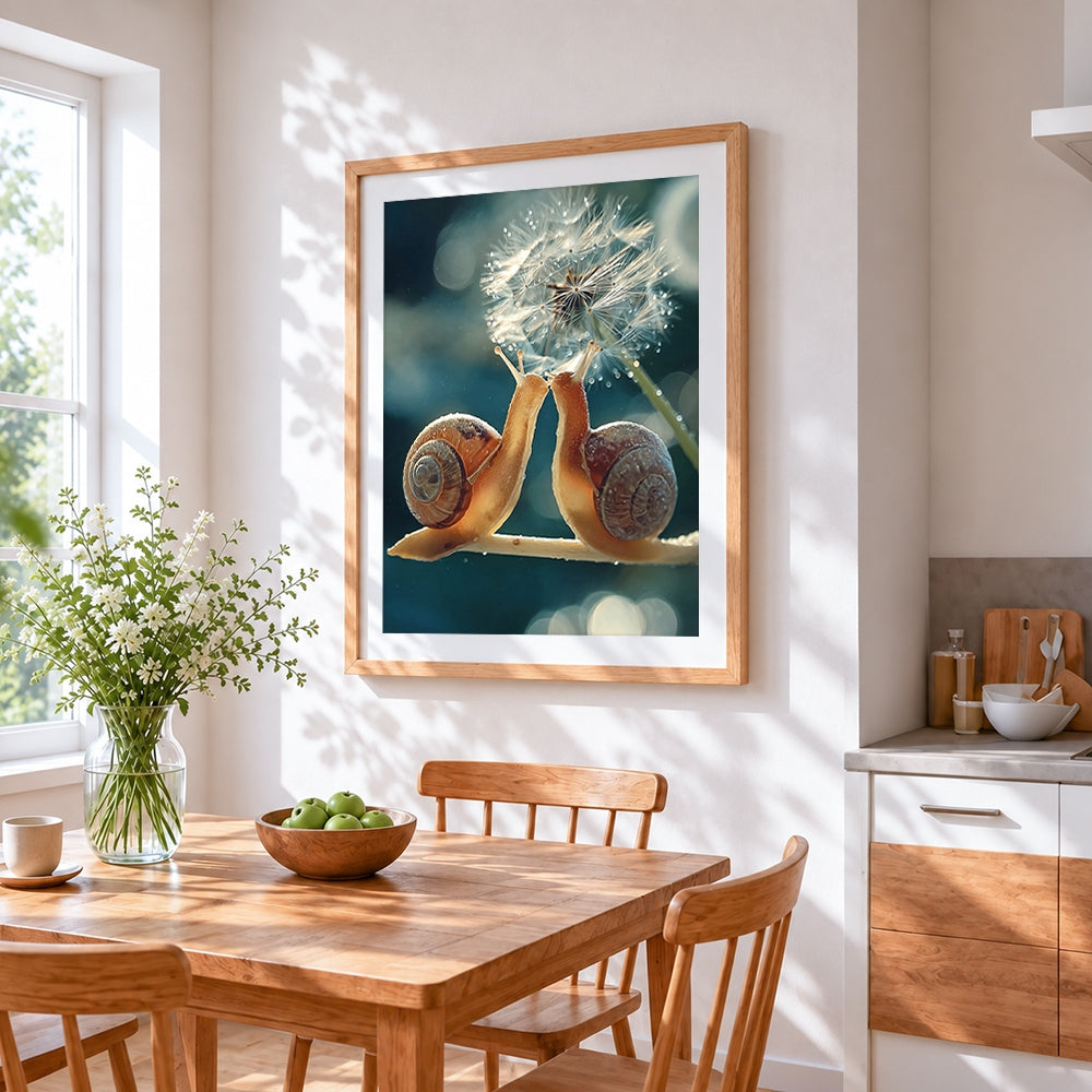 Two snails and a dandelion cross stitch artwork displayed on wall as home decor