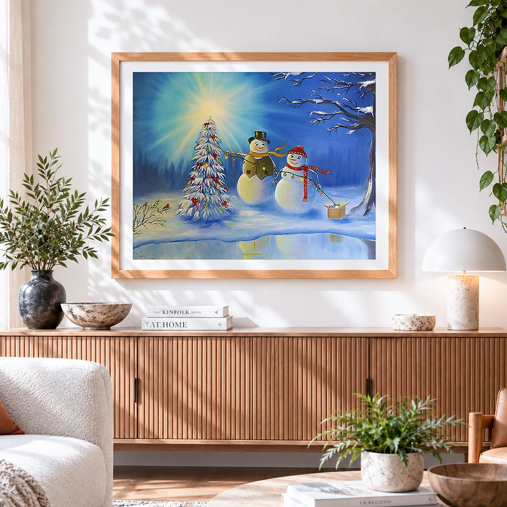 Finished two snowmen decorating a christmas tree cross stitch artwork displayed