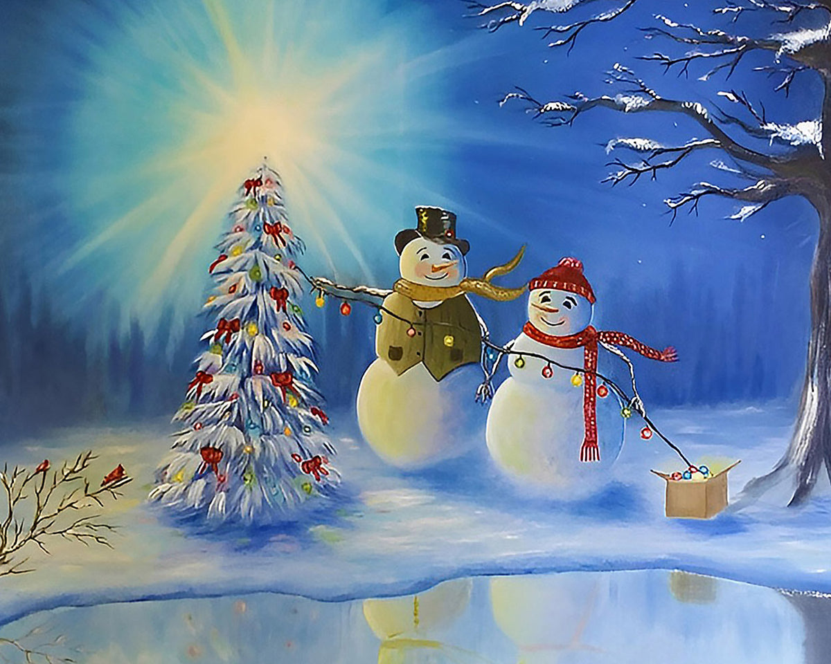 Two snowmen decorating a christmas tree cross stitch kit for beginners