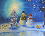 Two snowmen decorating a christmas tree cross stitch kit for beginners
