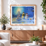 Finished two snowmen decorating a christmas tree paint by numbers artwork displayed as home decor