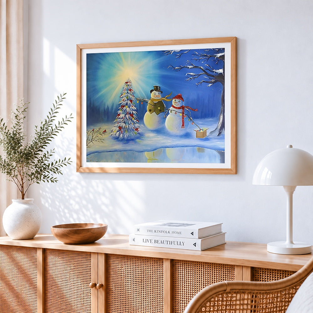 Two snowmen decorating a christmas tree paint by numbers artwork displayed on wall as home decor