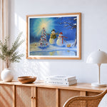 Two snowmen decorating a christmas tree paint by numbers artwork displayed on wall as home decor