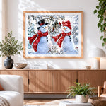 Finished two snowmen with birdhouse cross stitch artwork displayed