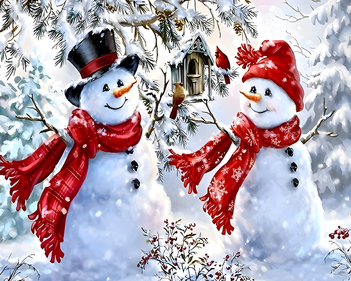 Two snowmen with birdhouse cross stitch kit for beginners