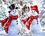 Two snowmen with birdhouse cross stitch kit for beginners
