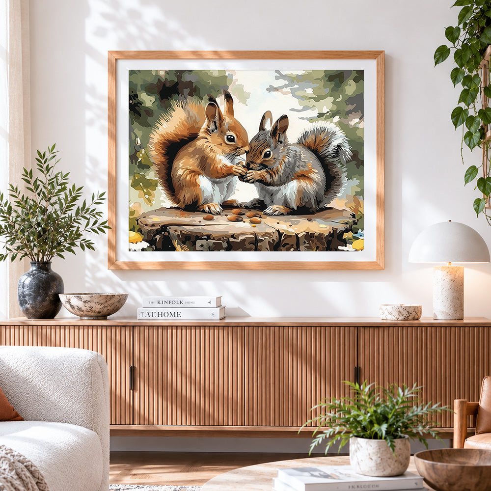 Finished two squirrels sharing nuts cross stitch artwork displayed