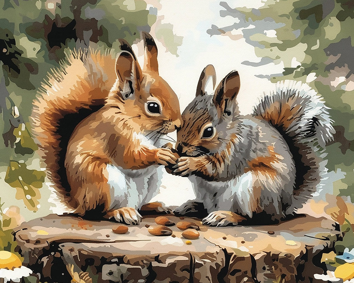 two-squirrels-sharing-nuts cross stitch kit for beginners