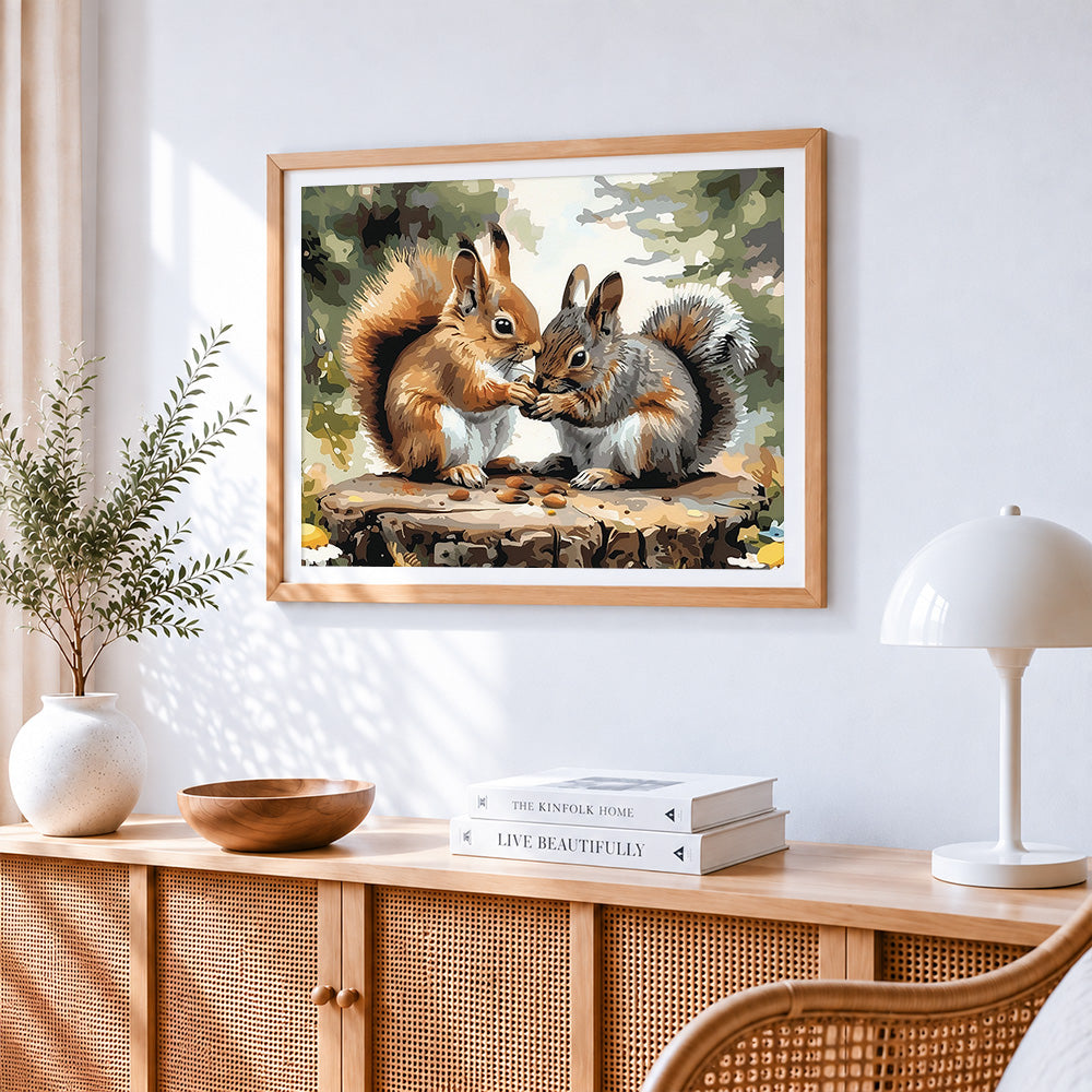 Two squirrels sharing nuts cross stitch artwork displayed on wall as home decor