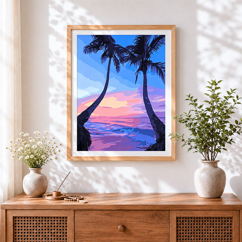 Finished two tropical palm trees cross stitch artwork displayed