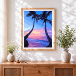 Finished two tropical palm trees cross stitch artwork displayed
