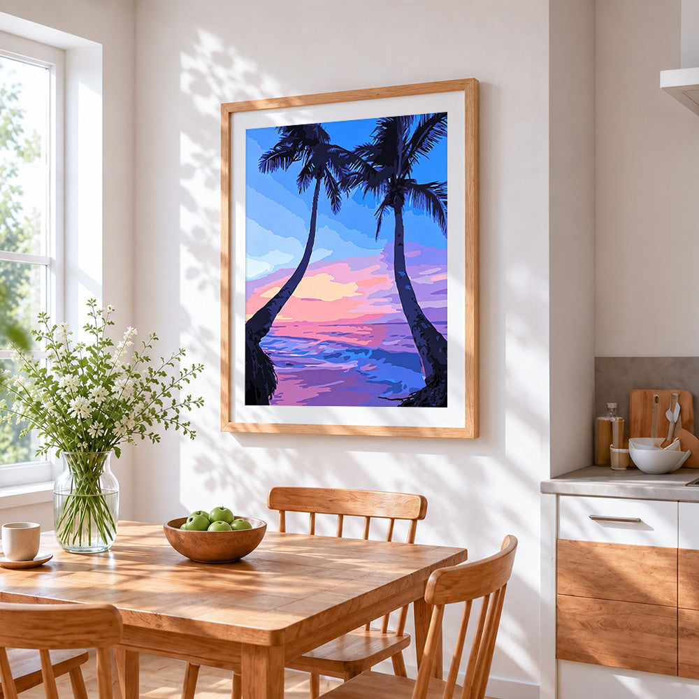 Two tropical palm trees cross stitch artwork displayed on wall as home decor