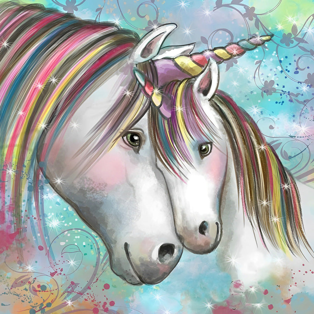 Two unicorns with rainbow manes cross stitch kit for beginners