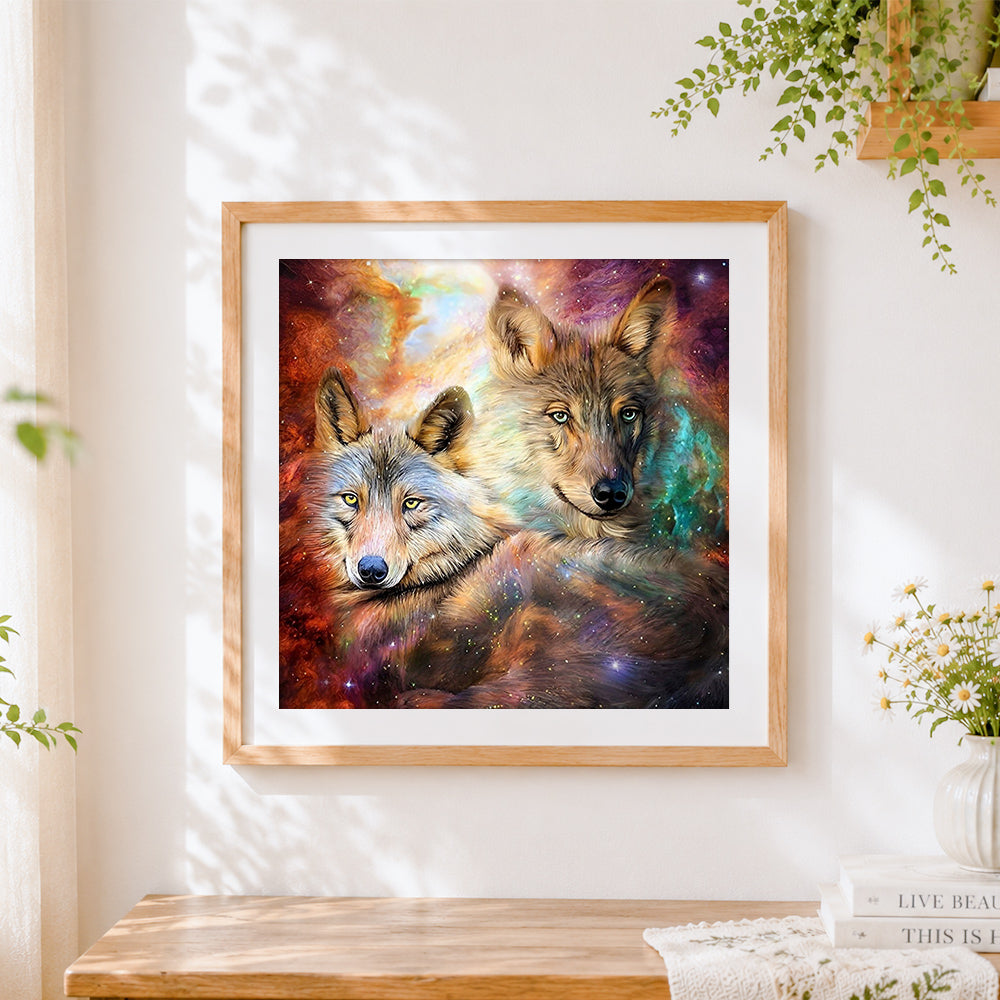 Finished two wolves in a cosmic nebula cross stitch artwork displayed
