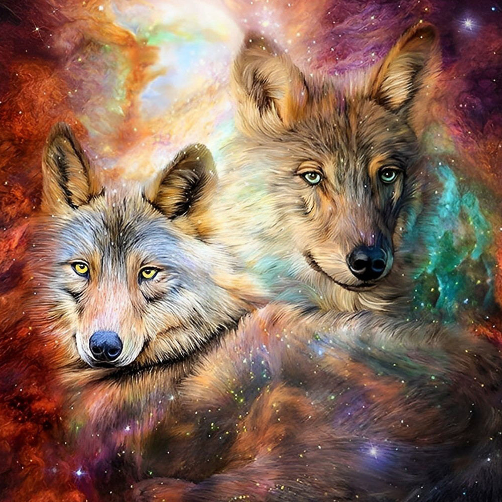 Two wolves in a cosmic nebula cross stitch kit for beginners