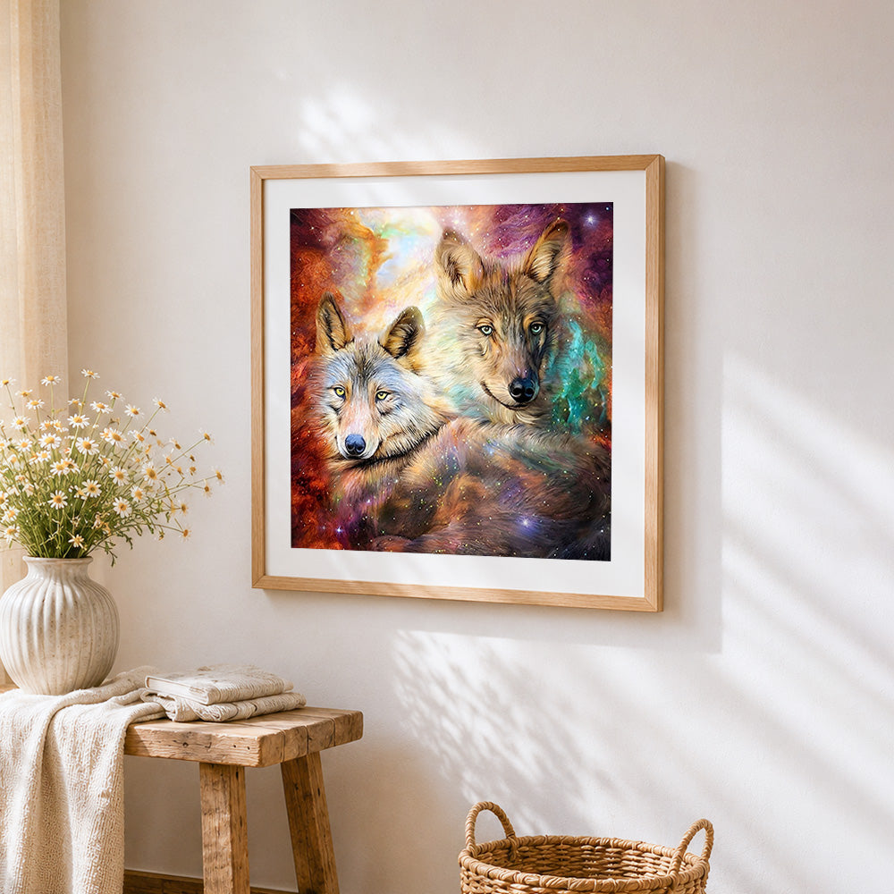 Two wolves in a cosmic nebula cross stitch artwork displayed on wall as home decor