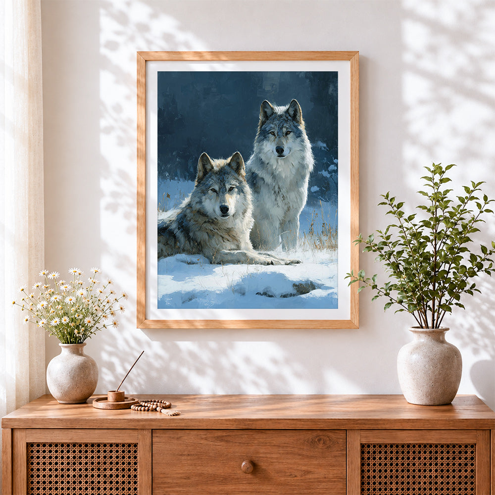 Finished two wolves in snow cross stitch artwork displayed