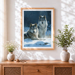 Finished two wolves in snow cross stitch artwork displayed