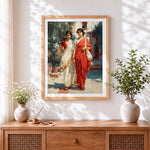 Finished two women in traditional sarees cross stitch artwork displayed