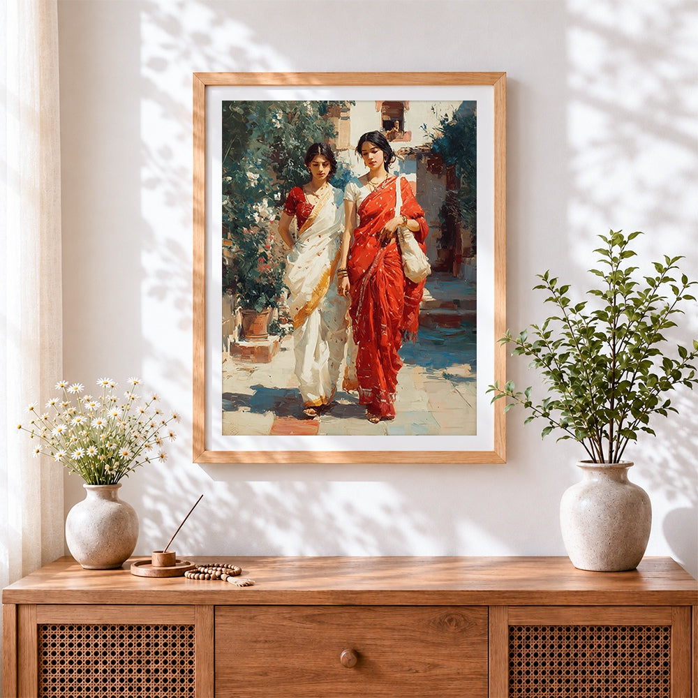 Finished two women in traditional sarees cross stitch artwork displayed